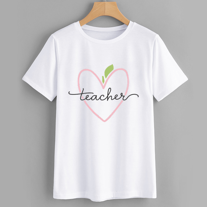 Peachy Heart Teacher Graphic Cotton T-Shirt