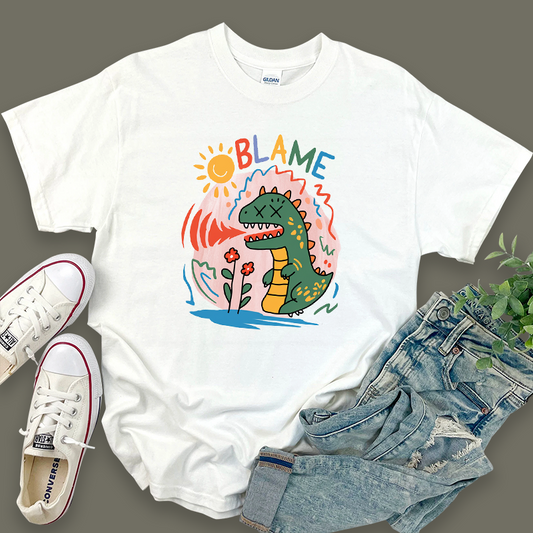 Humorous Dinosaur Pattern Top 'Blame' T-Shirt