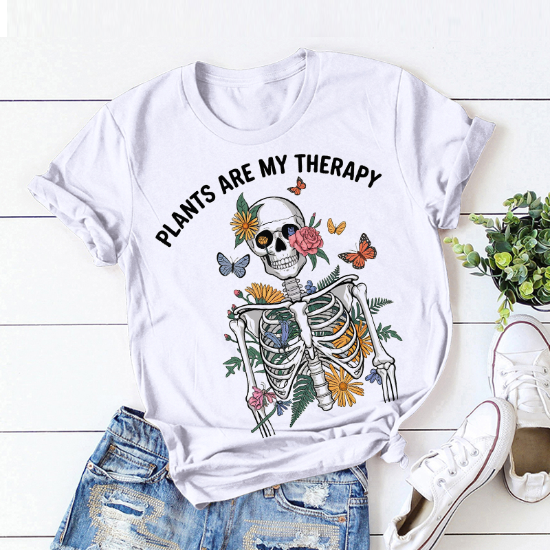 PLANTS ARE MY THERAPY Skull Pattern T-Shirt