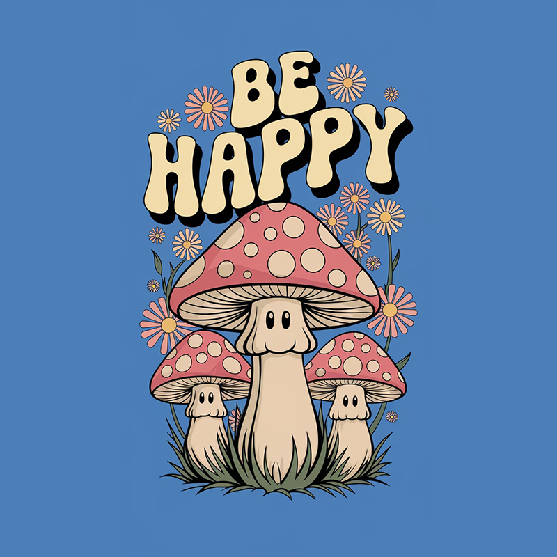 Mushroom Pattern 'Be Happy' T-Shirt