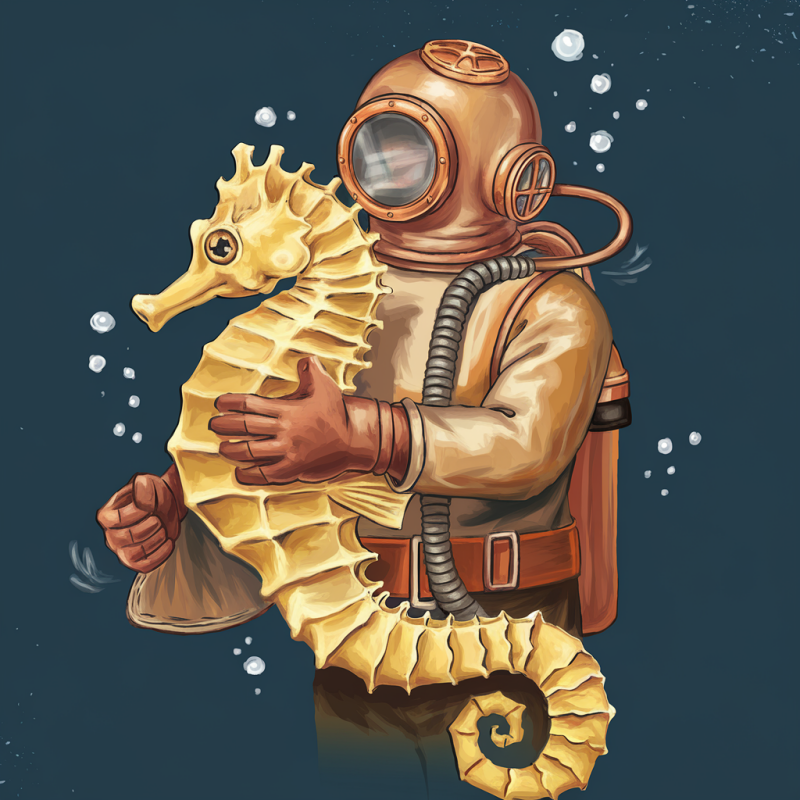 Vintage Diver with Seahorse Graphic T-Shirt