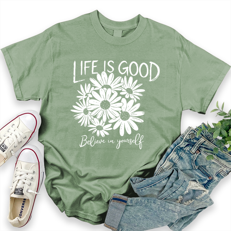 Life is Good Daisy Pattern T-Shirt