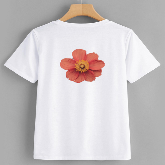 Floral Print Cotton T-Shirt with Red Flower Design