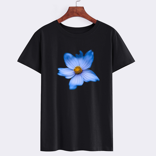 Floral Blue Flower Graphic Tee - Casual Black T-Shirt