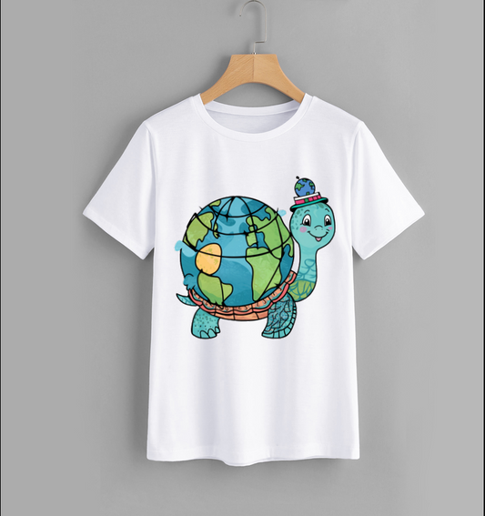 Cartoon Turtle World Map T-Shirt