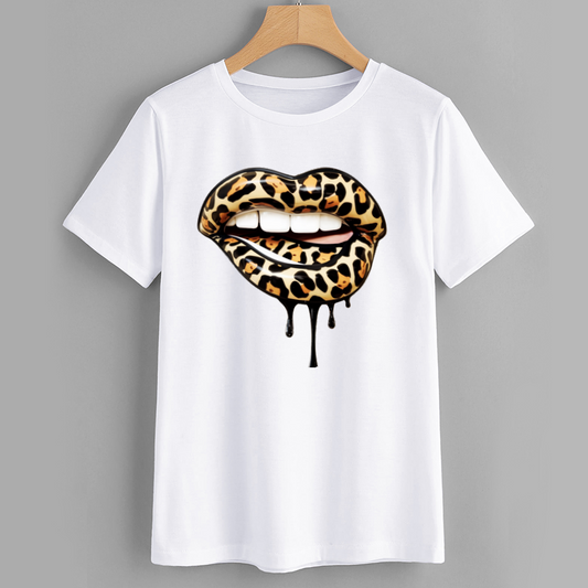 UrbanChic Leopard Print Dripping Lips Graphic T-Shirt