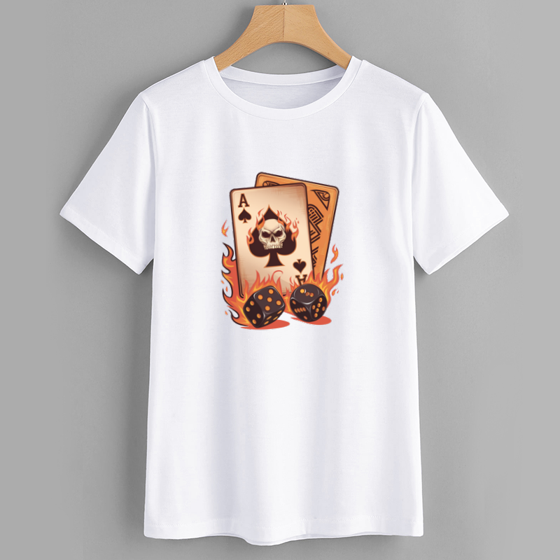 Flaming Skull Playing Cards Graphic T-Shirt