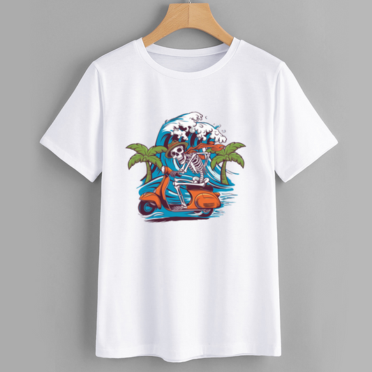 Retro Skeleton Scooter Graphic Cotton T-Shirt