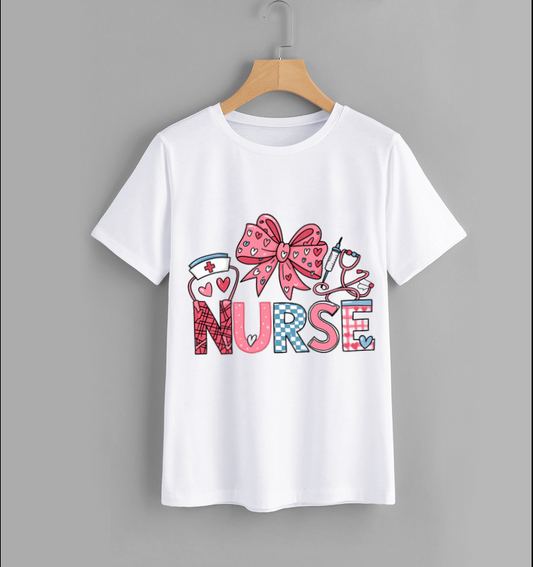 Cute Nurse Graphic T-Shirt with Bow Design