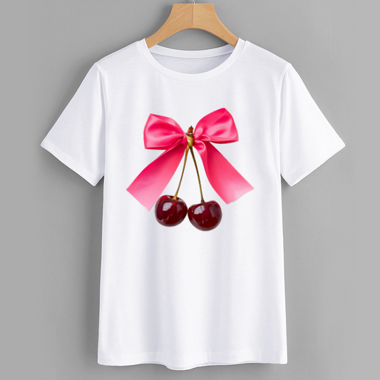 Cherry Bow Graphic White Cotton T-Shirt