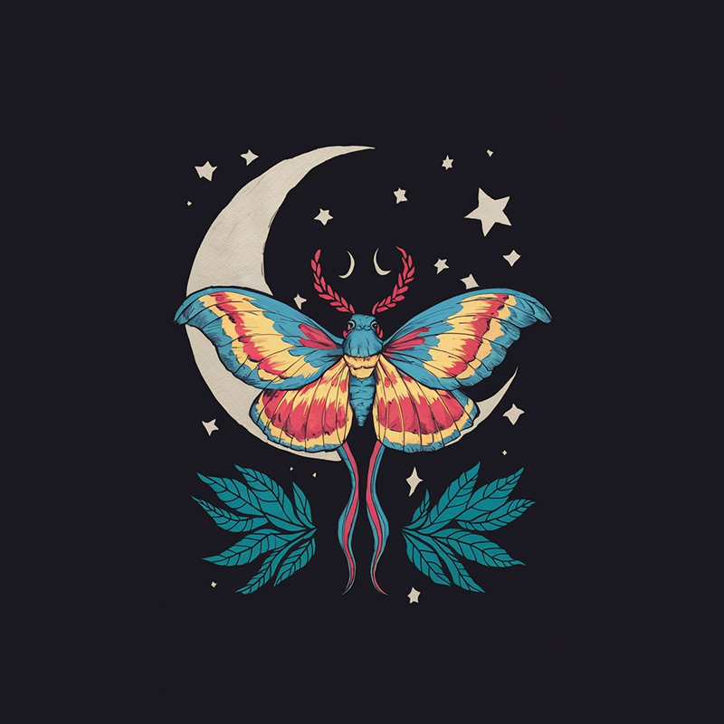 Colorful Butterfly and Moon Graphic T-Shirt