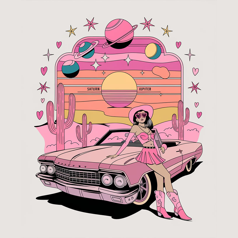 Retro Pink Aesthetic Graphic T-Shirt with Vintage Car and Planet Design