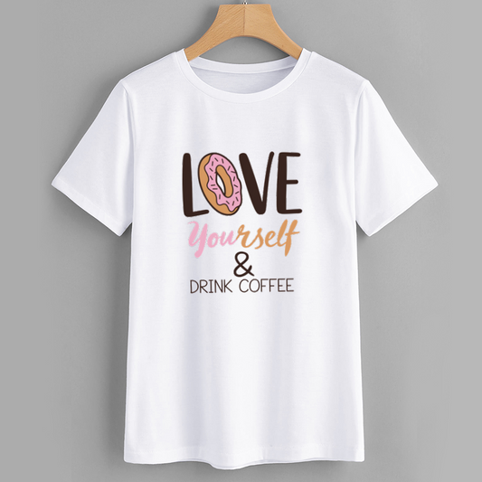 Cotton White Graphic T-Shirt with Donut and Coffee Quote