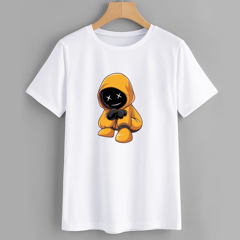 Kawaii Cartoon Character Graphic T-Shirt with Yellow Hoodie Design