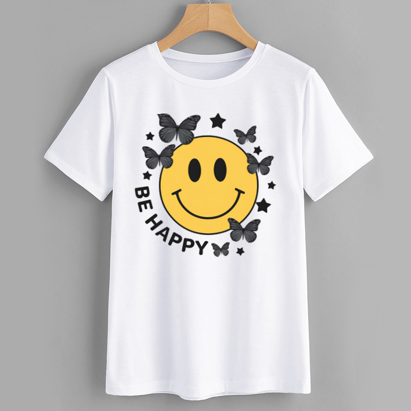 Smiley Face and Butterfly Graphic T-Shirt