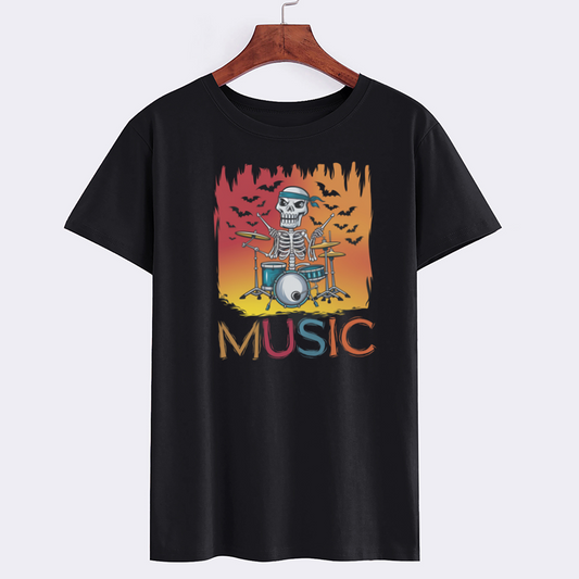 Rock Music Skeleton Drummer Black Cotton T-Shirt