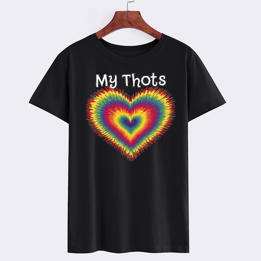 Rainbow Heart Graphic T-Shirt with 'My Thots' Print