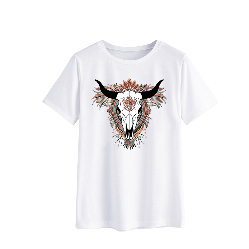 Boho Bull Skull Graphic T-Shirt - Artistic White Tee for Unique Style
