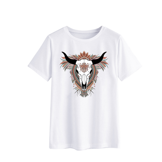 Boho Bull Skull Graphic T-Shirt - Artistic White Tee for Unique Style