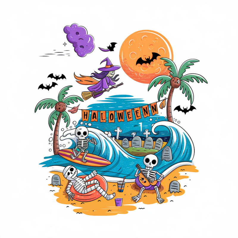 Halloween Surfing Skeleton Graphic Tee