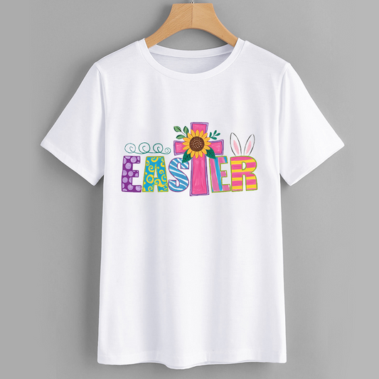Easter Graphic Tee with Floral and Cross Design