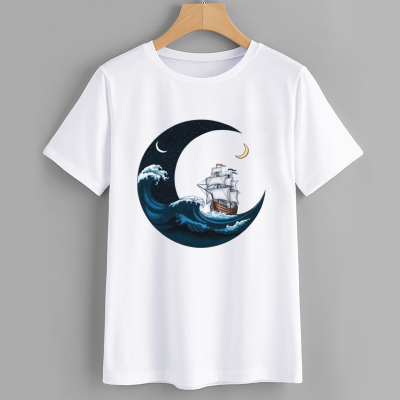 Ocean Wave and Moon Graphic T-Shirt