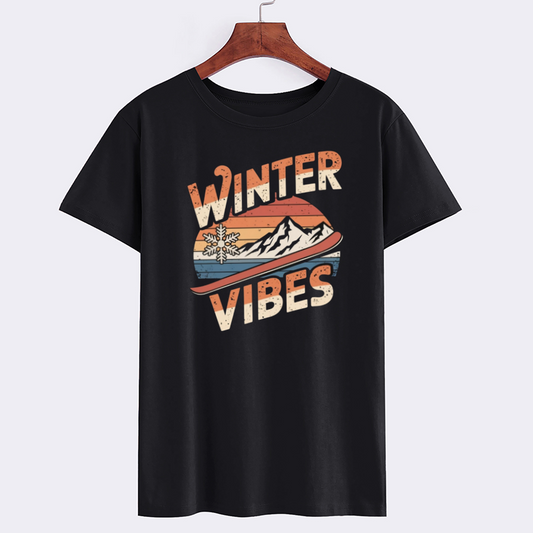 Retro Mountain Winter Vibes Black Cotton T-Shirt