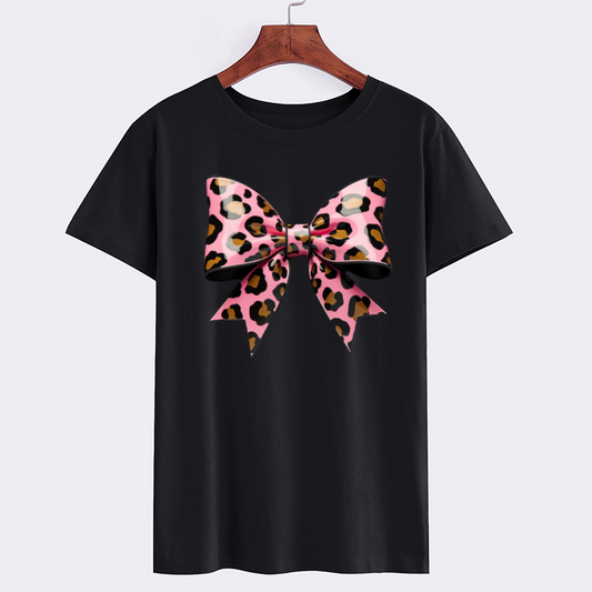 Leopard Print Pink Bow Graphic T-Shirt