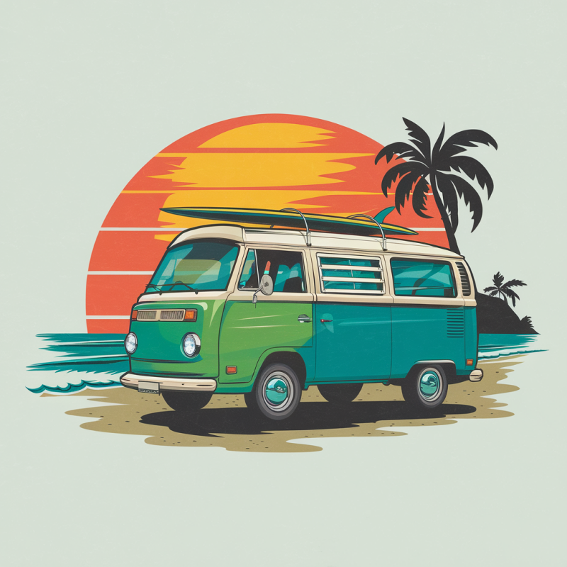 Retro Van Sunset Cotton Graphic T-Shirt