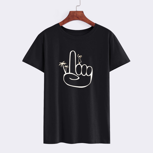 Unique Graphic Black T-Shirt with Palm Tree and Dancer Design