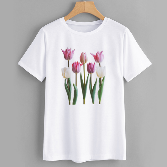 Floral Tulip Print White T-Shirt