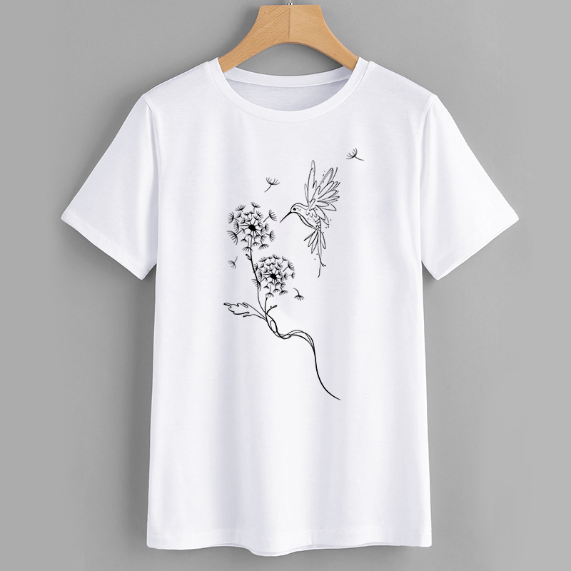 Hummingbird and Floral Graphic T-Shirt