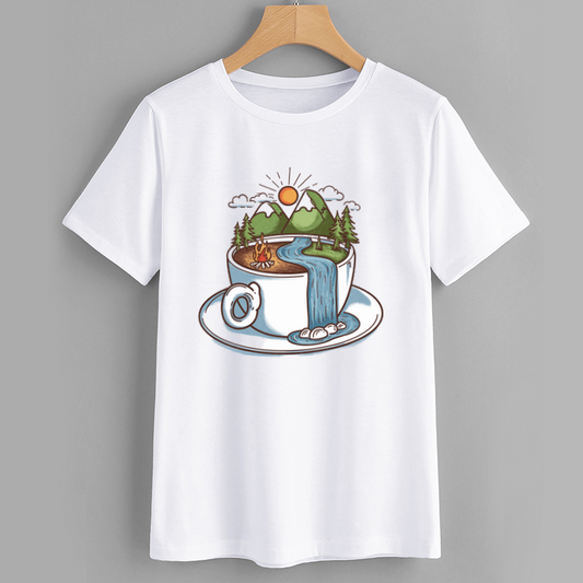 NatureScape Graphic Cotton T-Shirt, Scenic Coffee Cup Design