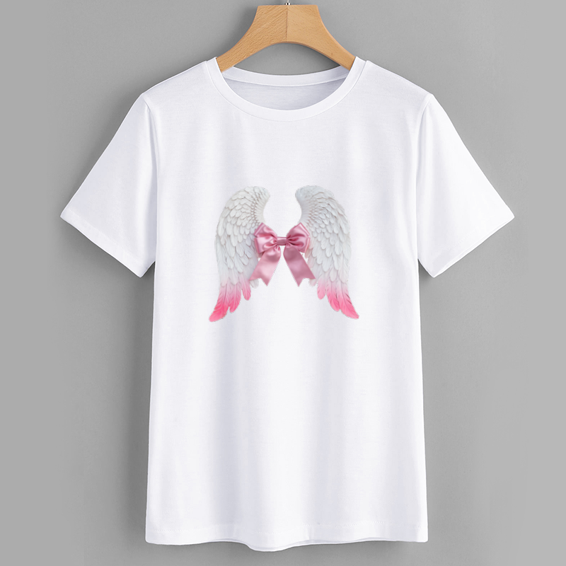 Angel Wings Graphic T-Shirt with Pink Ribbon