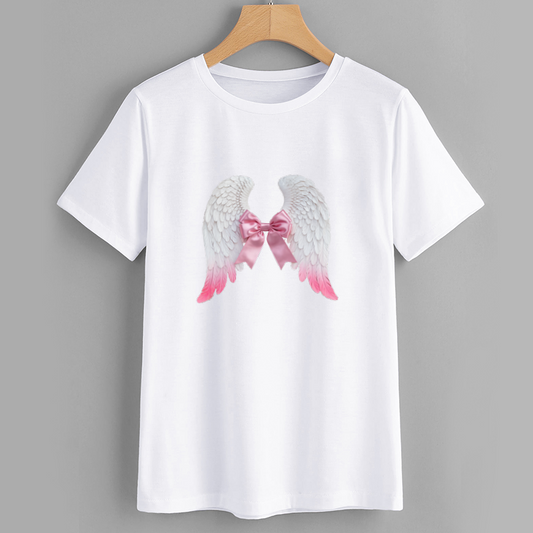 Angel Wings Graphic T-Shirt with Pink Ribbon