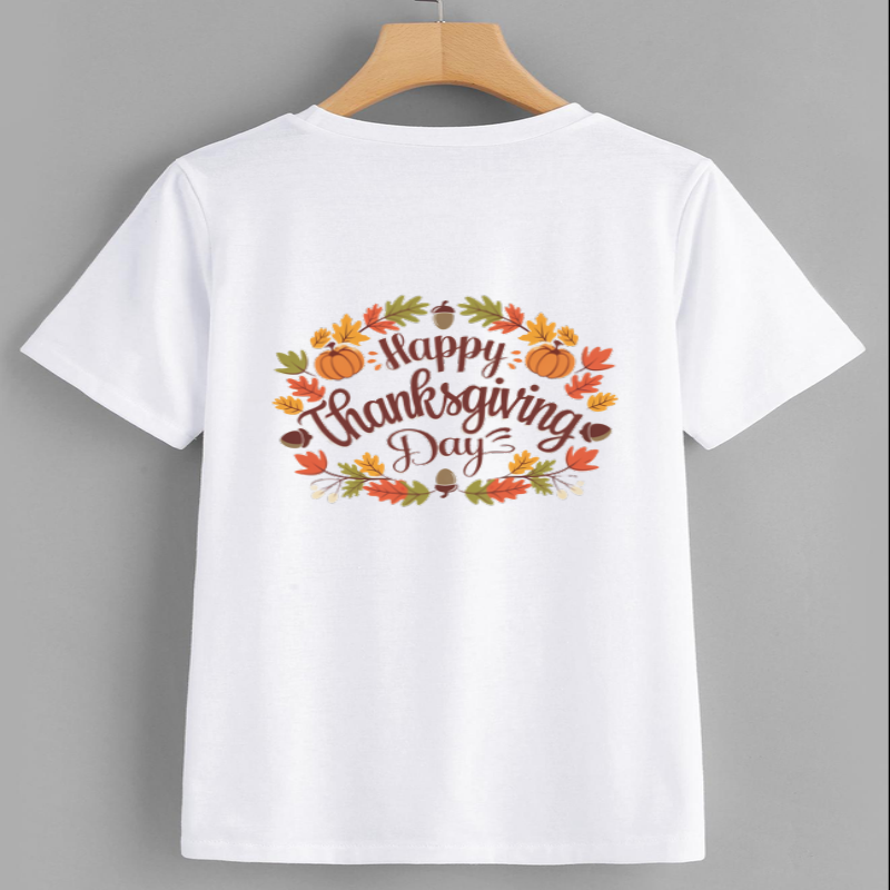 Happy Thanksgiving Day T-Shirt with Autumn Leaves Design
