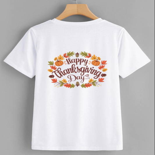 Happy Thanksgiving Day T-Shirt with Autumn Leaves Design