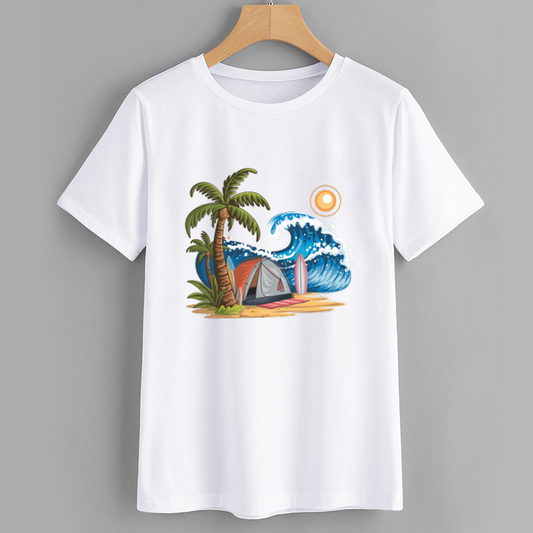 Tropical Beach Surfing Graphic T-Shirt