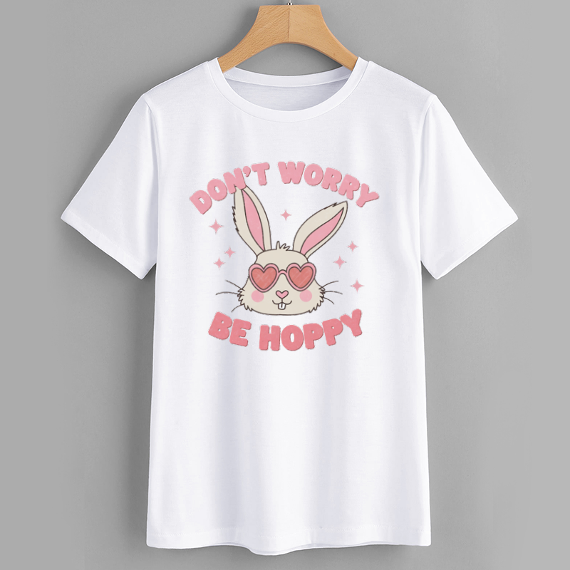 Cute Rabbit Graphic T-Shirt with 'Don't Worry Be Hoppy' Print