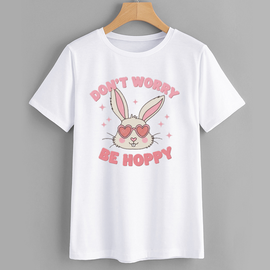 Cute Rabbit Graphic T-Shirt with 'Don't Worry Be Hoppy' Print
