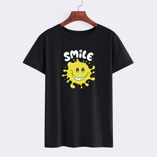 Black Smile Graphic T-Shirt with Yellow Sun Design