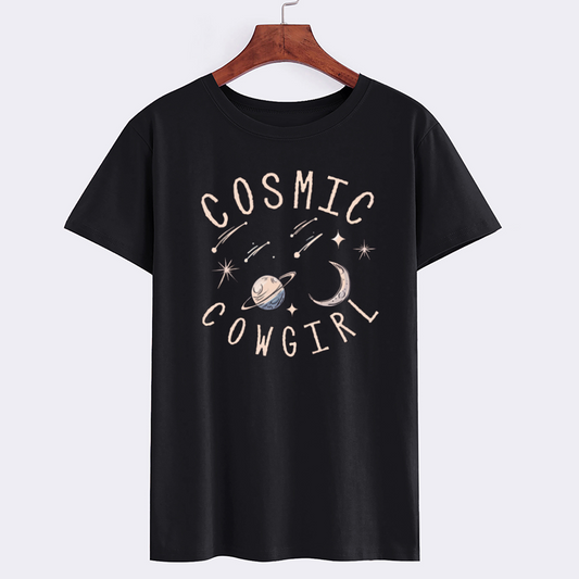 Cosmic Cowgirl Graphic T-Shirt - Space Themed Black Tee