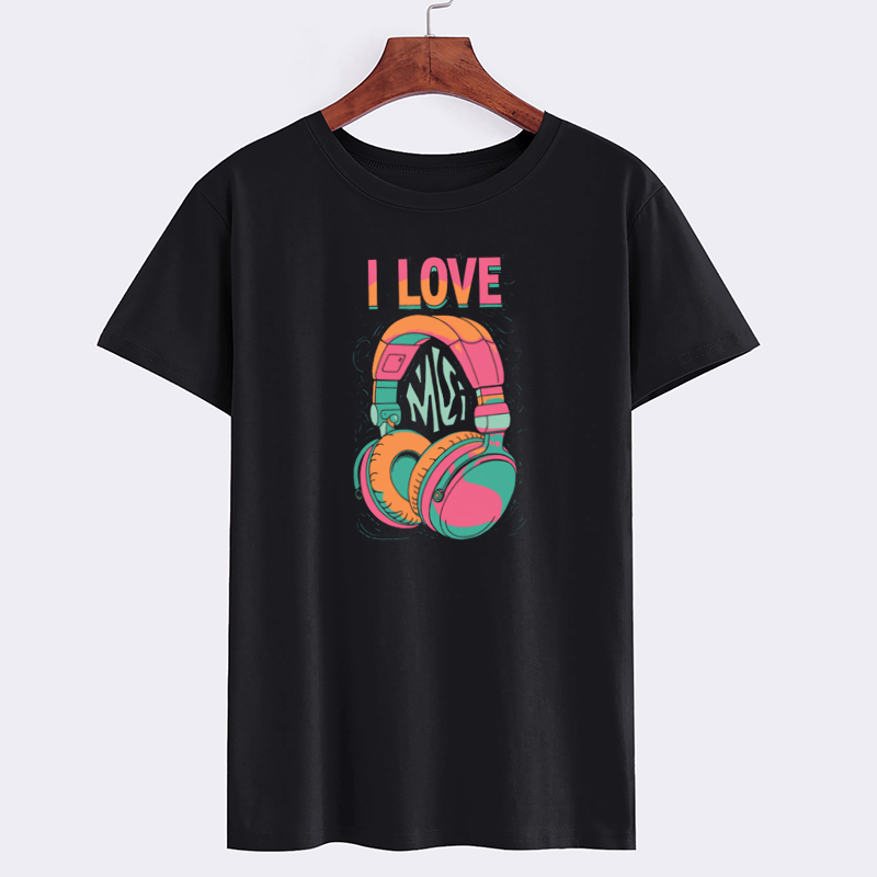 I Love Music Graphic T-Shirt with Headphones Design