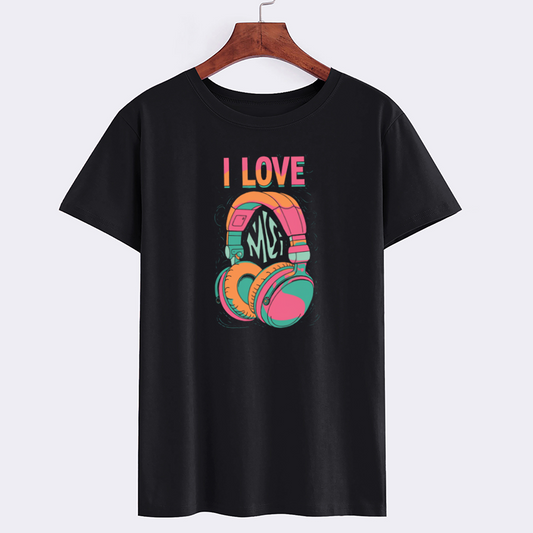 I Love Music Graphic T-Shirt with Headphones Design