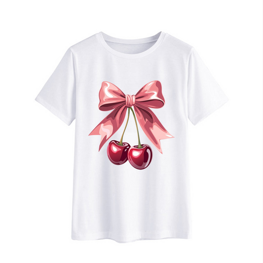 Cute Cherry Bow Graphic T-Shirt for Women