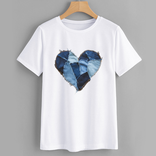 Denim Heart Graphic Tee - Casual Fashion T-Shirt