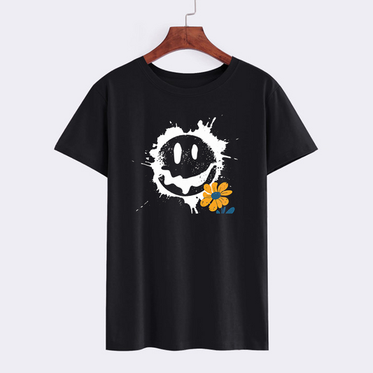 Black Smiley Face Graphic T-Shirt with Flower Design