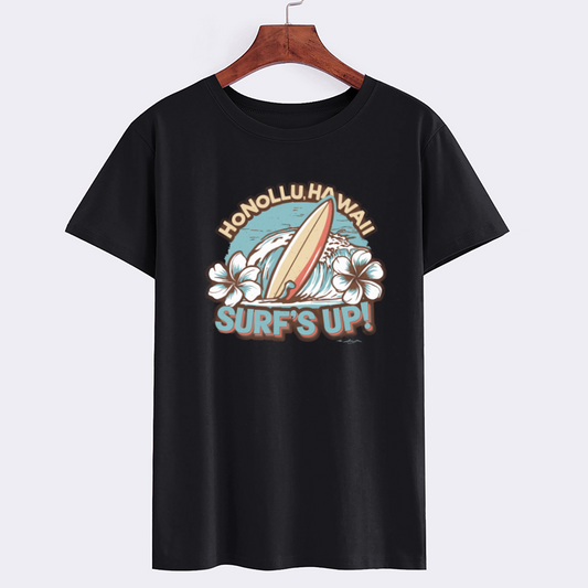 Hawaii Surfboard Graphic Black Cotton T-Shirt