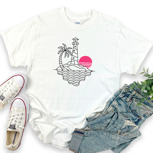 Casual Holiday Print Lighthouse Sunset T-Shirt