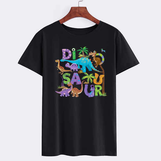 Cartoon Dinosaur Graphic Black Cotton T-Shirt